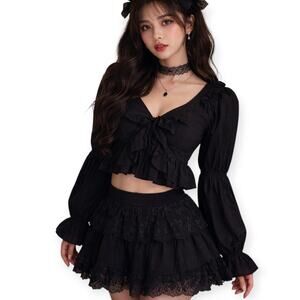 Women Lace Ruffle Puff Sleeve Topshop Crop Top Coquette Whimsigoth Sz 8